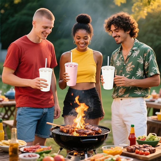 Clear Tumbler Cup, 16 oz Plastic Iced Coffee Cup with Lid and Straw, 6 Pack, Reusable and Dishwasher Safe, for Gatherings and Outdoor Adventures (6, Pink, White)