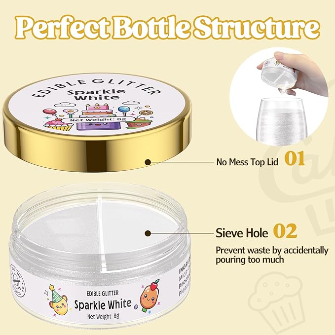 Nomeca Edible Glitter for Drinks Cakes, 8 grams Food Grade Luster Dust Sprinkles Glitter for Cake Decorations, DIY Cocktails, Beverages & Cake Decorating, Dessert Cake Topper (6-Sparkle White)