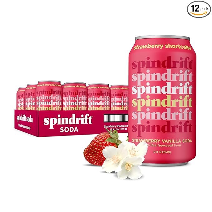 Spindrift Soda "Strawberry Shortcake" Strawberry Vanilla Soda with Real Squeezed Fruit 12 Pack Case