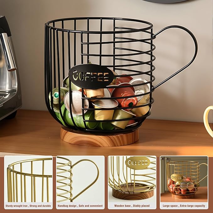Coffee Pod Holder,Bar Accessories - Espresso Pod Holder - Large Capacity Black Wire Coffee Basket With Wooden Base