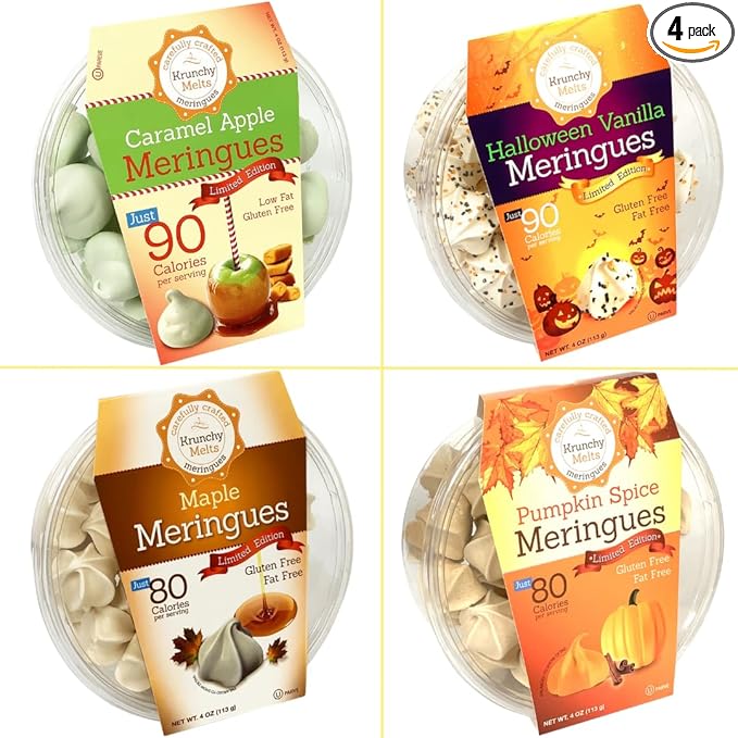 4 Pack Krunchy Melts Original Meringue Cookies | Fall Flavors 4-Pack | Caramel Apple, Halloween Vanilla, Maple, Pumpkin Spice | Only 80-90 Calories Per Serving | Low Fat/Fat Free, Gluten Free, Dairy Free (4 Oz)
