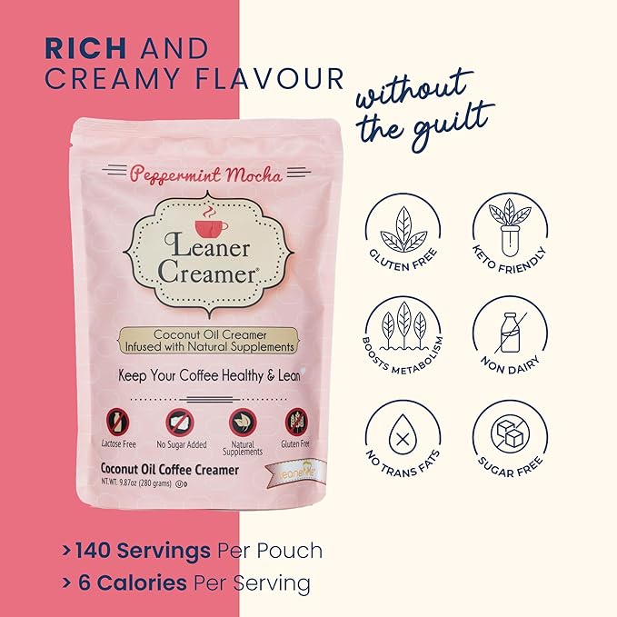 Leaner Creamer Non-Dairy Sugar Free Coffee Creamer Powder. Perfect Coconut Oil Non-Dairy Powder To Naturally Cream and Sweeten Coffee, Smoothies, Protein Shakes & More! Ideal Flavoring For All Diets 9.87 oz Pouch PEPPERMINT MOCHA