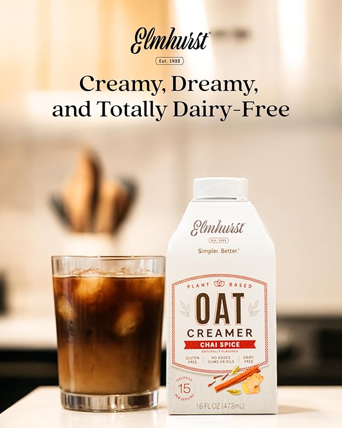 Elmhurst 1925 Chai Spice Oat Creamer - 16 Ounce (Pack of 6) Dairy-Free, Vegan, Kosher, Low Sugar, Shelf Stable Creamer Made with Oat Grains & Chai Spice for Healthier, Simpler Plant Based Alternatives