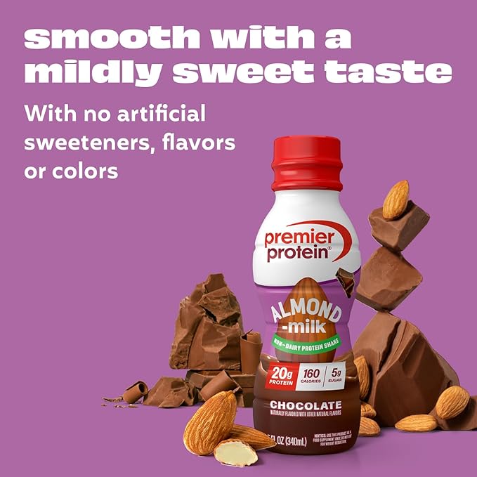 Premier Protein Almondmilk Plant Based Protein Shake, 20g Protein, 5g Sugar, 11.5 Fl oz, Chocolate, 12 Count