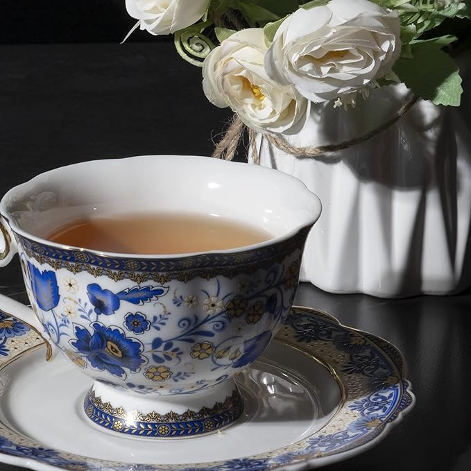 ACMLIFE Bone China Tea Cups and Saucers, 6.8 oz Tea Cup and Saucer Set, with Gold Trim and Gift Box, Blue and White (Blue-D)