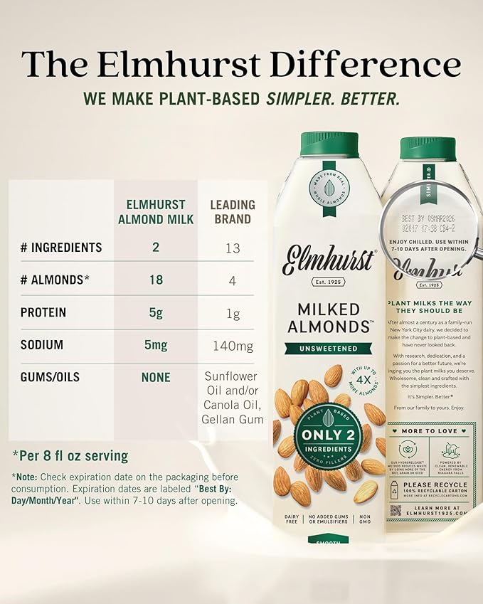 Elmhurst 1925 Unsweetened Almond Milk - 32 Ounce (Pack of 6) Dairy-Free, Vegan, Kosher, No Added Sugar, Shelf Stable Milk Made with Water & Almonds for Healthier, Simpler Plant-Based Alternatives