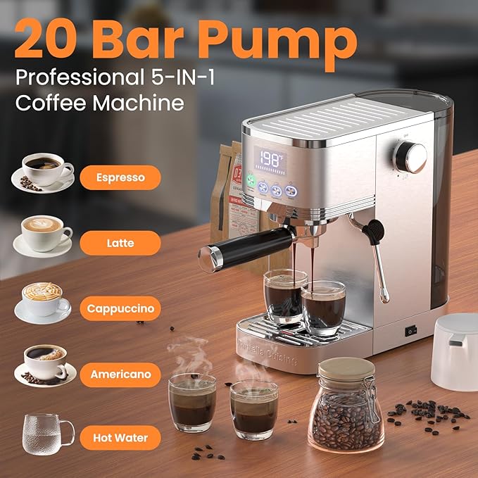 Espresso Machine 20 Bar Temperature Control LED Display Expresso Machine for Home with Steam Milk Frother for Cappuccino Latte Stainless Steel Espresso Maker with Removable Water Tank for Americano