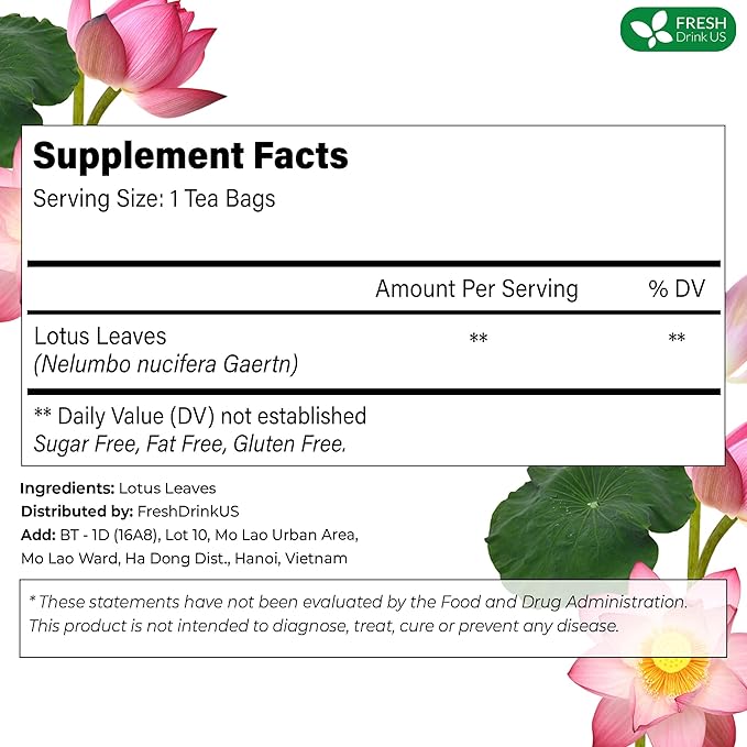 FreshDrinkUS, Premium 135 Lotus Leaf Tea Bags, 100% Natural & Pure from Lotus Leaves. Loose Leaf Lotus Herbal Tea. Made with Eco-Conscious Tea Bags. No Sugar, No Caffeine, No Gluten, Vegan.