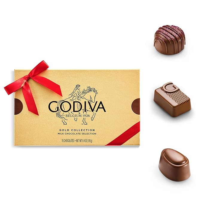 Godiva Red Bow Gold Milk Chocolate Gift Box, Belgian Milk Chocolates with Ganaches, Pralinés & Caramels, Gourmet Holiday Gift, Non-GMO & Kosher, 15 Pc