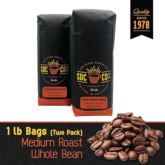 San Diego Coffee South American Blend, Medium Roast, Whole Bean Coffee, 16-Ounce Bags (Pack of 2) Café en grano tostado