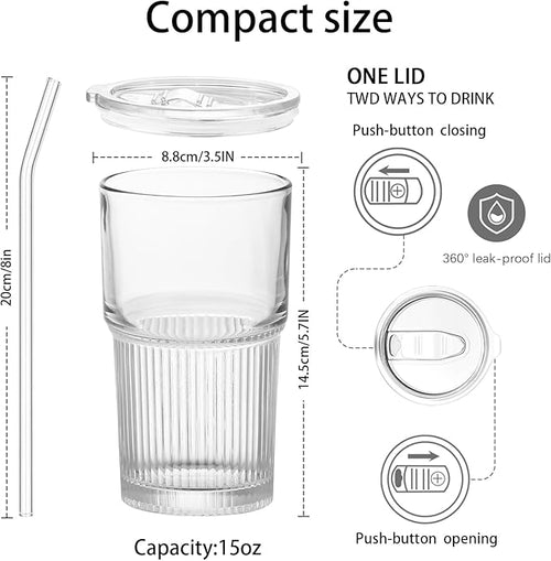 18.5oz Glass Cups with Lids and Straws - Set of 2 Reusable Tumblers, Thickened Shatter-Resistant Glass, Ideal for Iced Coffee, Smoothies, Cocktails, Juices - Elegant & Durable Drinkware