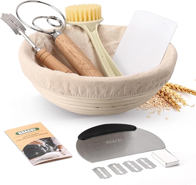 Sourdough Bread Baking Supplies, Sourdough Starter Kit, 9 Inch Round Banneton Basket with Cloth Liners, Dough Scrapers, Dough Whisk, Dough Cutter, Bread Lame for Making Baking Fermentation