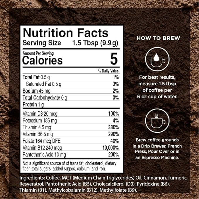 VitaCup Genius Ground Keto Coffee w/Turmeric, MCT Oil, B Vitamins, D3, Ground Coffee Medium Dark Roast, Bold & Smooth, 100% Arabica Coffee Grounds, 4 bags, 11oz each