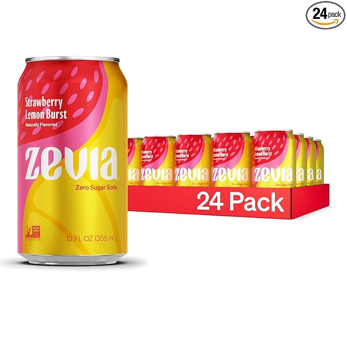 Zevia Zero Sugar Soda, Strawberry Lemon Burst, 12 oz Cans (24-Pack) – Naturally Sweetened, Zero Calorie Sugar Free Soda - Non-GMO Project Verified, Gluten-Free, Vegan