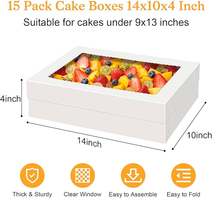 15 PCS Sheet Cake Boxes, 14x10x4 Rectangle Cake Box, Quarter Sheet Cake Box, White Baking Boxes, Large Bakery Boxes, Cajas Para Pasteles, 10x14 Cake Boxes for Birthday, Wedding, Party, Business