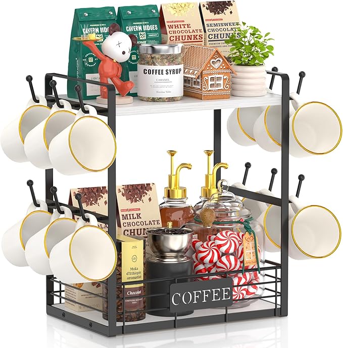 EsLuker.ly Coffee Mug Cup Holder Stand Bar Station Organizer for Countertop, Multi-Functional 2 Tier Mug Tree Rack for Kitchen, Storage Shelf with 12 Hooks, White-Black(Patented Design)