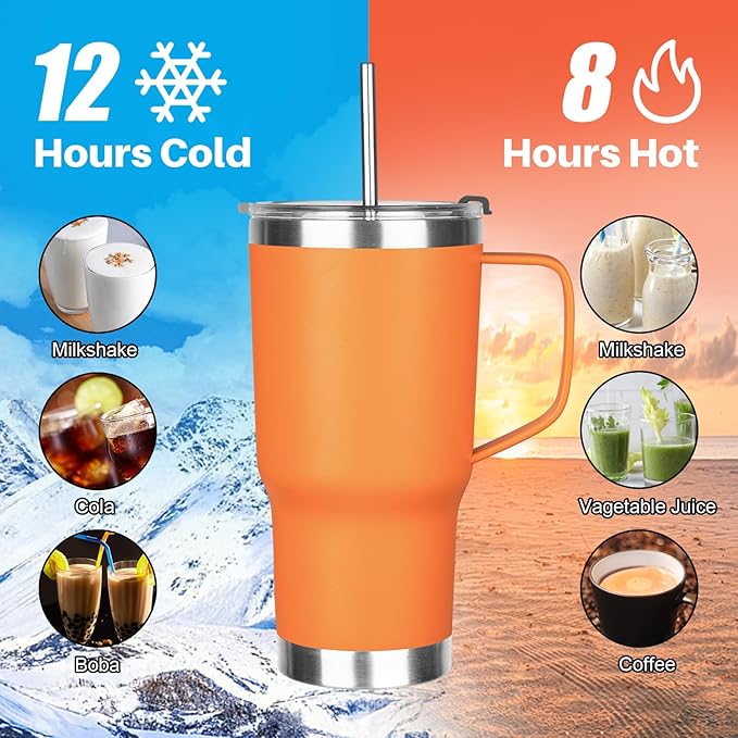 20 oz Tumbler with Handle, Stainless Steel Insulated Tumbler with Lid and Straw, Double Wall Vacuum Coffee Mug Tumbler, Insulated Coffee Thermal Cup for Cold and Hot (Orange, 20 Ounces)