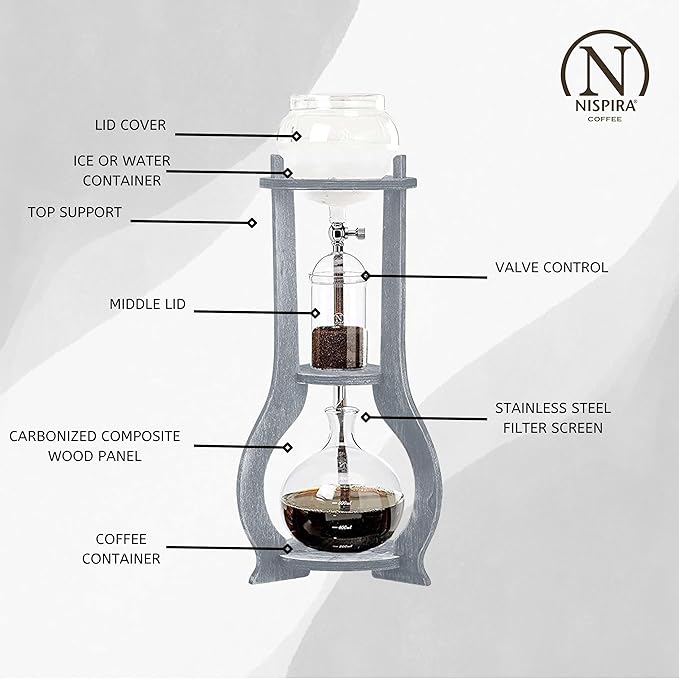 Nispira Iced Coffee Cold Brew Drip Tower Coffee Maker Wooden, 6-8 cup, Grey
