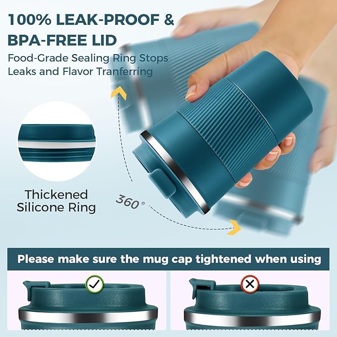 Volhoply 13 oz Stainless Steel Insulated Travel Coffee Mug with Fip Lid Bulk 2 Pack,Reusable Double Wall Vacuum Metal Coffee Cup,Portable Leak Proof Thermal Tumbler for Hot & Cold Drinks(Bule,2)