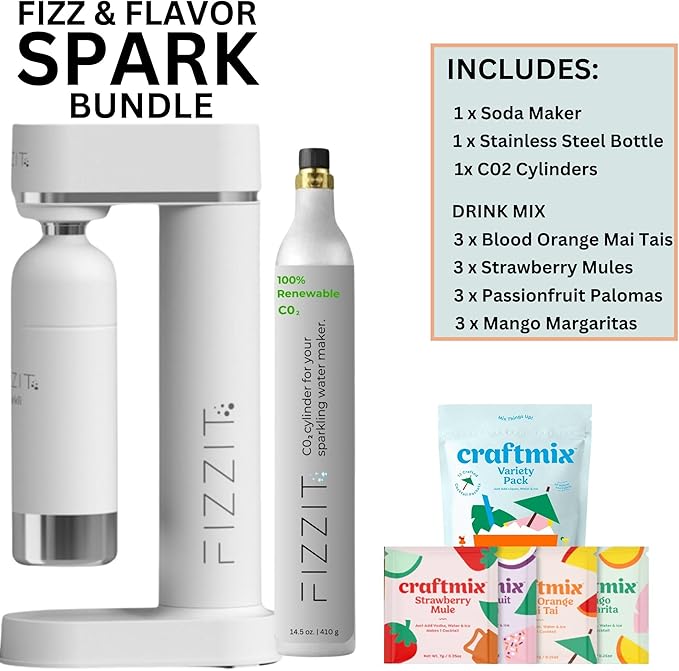 FIZZIT Fizz & Flavor Spark Bundle | Soda Maker with 12-Flavor Drink Mix Variety Pack & 1 CO? Cylinder | Customizable Carbonation, Eco-Friendly, No Electricity Needed