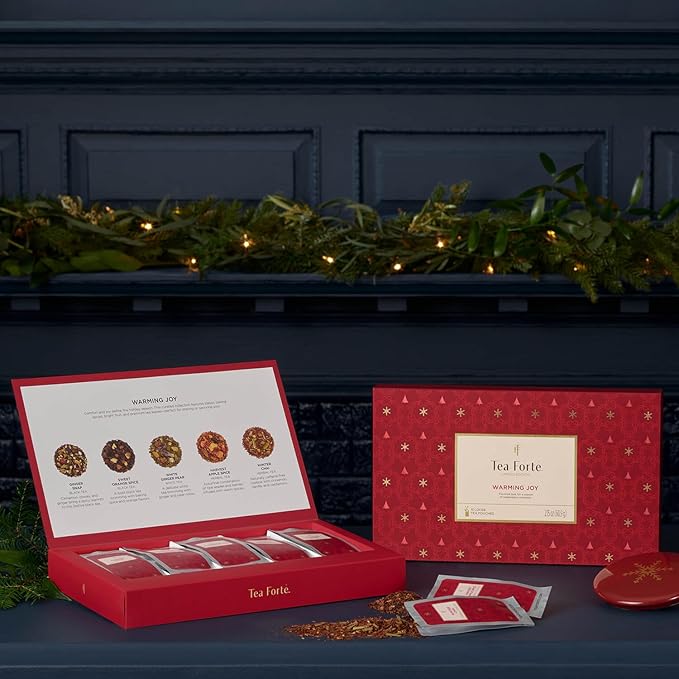 Tea Forte Warming Joy Hoilday Premium Single Steeps Loose Leaf Tea Gift Set Sampler, 15 Count 3 of Each Assorted Blends, Pre-Portioned Single Serve Pouches, Steeps 12 oz