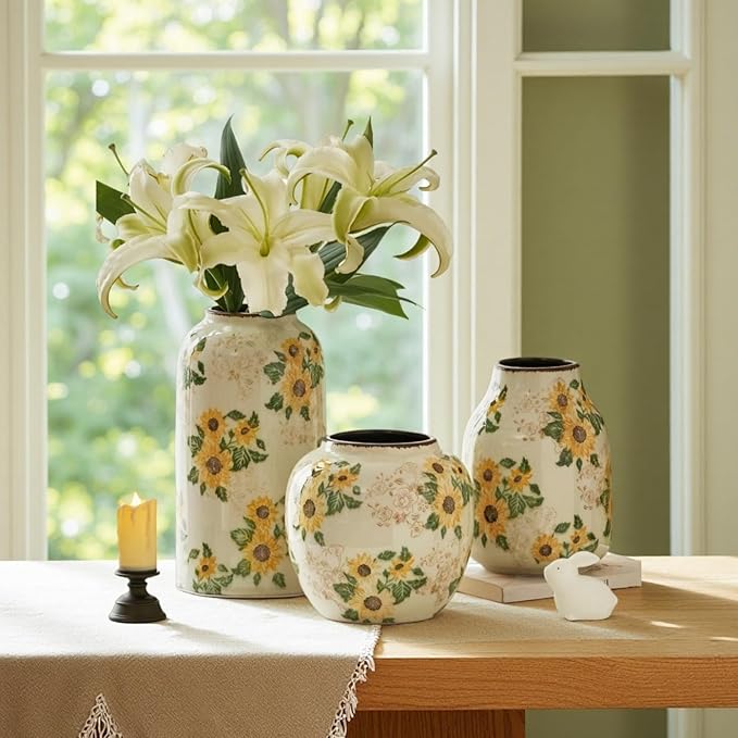 Vintage Ceramic Vase, 10.6 Inch Chinoiserie Sunflower Yellow Floral Vases, Retro Ice Cracked Rustic Antique Flower Vases for Modern Room Bathroom Shelf Home Decor (Large Cylinder)