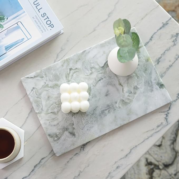 Koville Green Marble Cutting Board for Kitchen Countertop, 12" x 8" Real Marble Pastry Board Stone Slab Stone Cheese Boards for Home Decor, Bathroom Perfume Tray Candle Plate(Bianco Palomino)