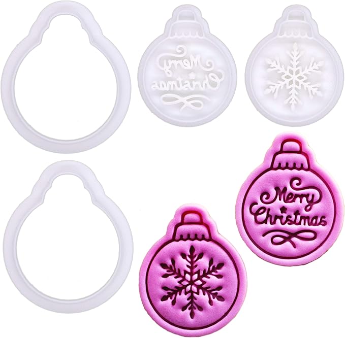 BAKERLOGY Winter Wishes – Mini Christmas Bauble Cookie Cutter and Stamp Set (2") – Set of 2 with Snowflake & Merry Christmas Designs for Festive Baking and Edible Crafts