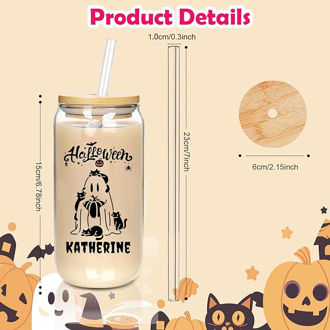 Personalized Halloween Tumbler-Boo Basket Stuffers- Can Shaped Glass with Lids and Straws18OZ -Halloween Gifts for Friend Son Daughter