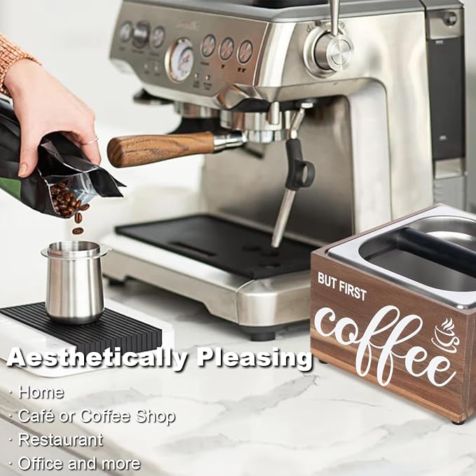 Knock Box for Espresso Coffee Grounds Espresso Knock Box Tamp Station, Quiet Design Large Capacity Non-Slip Base Coffee Puck Dump Bucket Barista Tools Machine Accessories Stainless Steel