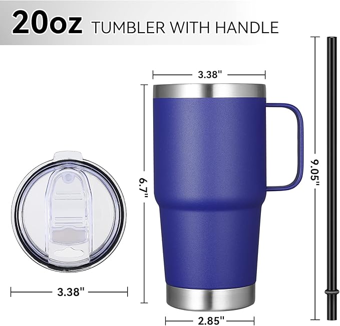 VEGOND 20 oz Tumbler with Handle Lid and Straw, Stainless Steel Insulated Travel Coffee Mug Spill Proof Double Wall Metal Tumbler Cup Keeps Drink Hot and Cold, Royal Blue 1 Pack