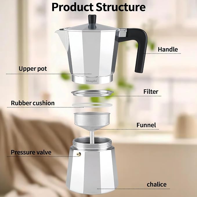 Mongdio Stovetop Espresso Maker Moka Pot, Stove Top Cuban Coffee Maker, Italian Greca Mocha Pot, 9 Espresso Cups, 15 oz - Silver