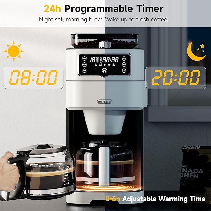Drip Coffee Maker with Built-in Grinder, 10-Cup Programmable Brew Coffee Machine with Timer, Touch Screen, Self-Cleaning, Reusable Filter, 1.5L Removable Water Tank, Warming Plate, White
