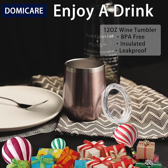 DOMICARE Stainless Steel Wine Tumbler Bulk with Lid, Personalized Rose Gold Insulated Tumblers Set, 12oz Travel Coffee Cups Pack of 12