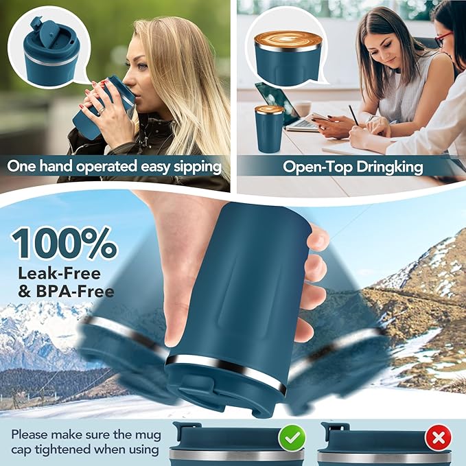 Volhoply 12 oz Double Wall Insulated Vacuum Travel Coffee Mug with Flip Lid Bulk 8 Pack,Reusable Stainless Steel Leak Proof Coffee Cup,Portable Cafe Thermal Tumblers for Hot & Cold Drinks(Bule,8 Set)