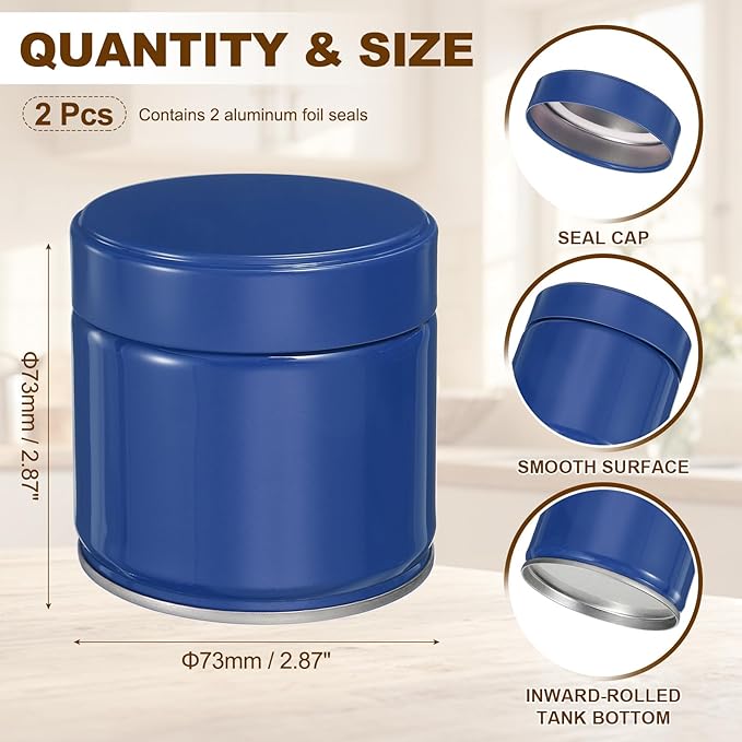 uxcell 2Pcs Round Tea Canisters, 3" x 3" Airtight Metal Tea Containers for Loose Tea, Coffee Beans, Spices - Durable, Compact, and Stylish Storage Tea Tin (Blue)