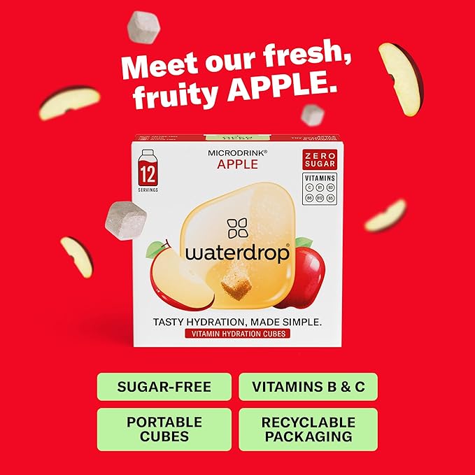Waterdrop Hydration Cubes with Vitamin C, B3, B5 & Electrolytes, Apple Flavor, Flavored Water Enhancer Electrolyte Cubes for Still & Sparkling Water, Sugar Free, Low Calorie, On the Go, Vegan, 24 Ct