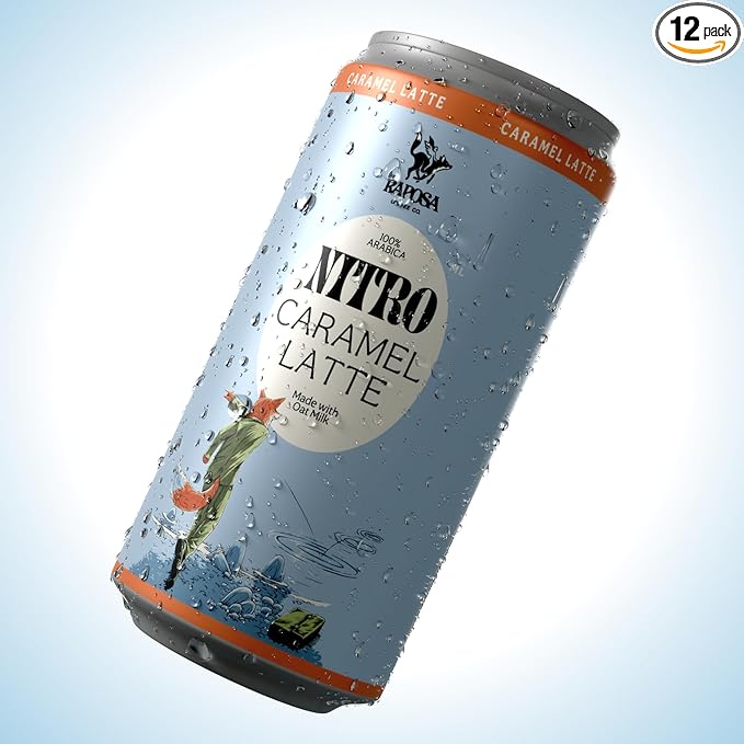 Raposa Nitro Cold Brew Ready to Drink Coffee 250ml - 8.45oz - Made with Oat Milk - Dairy Free - Vegan Cold Brew Ready to Drink, No Artificials - 150mg Caffeine (Caramel Latte (12 Pack))