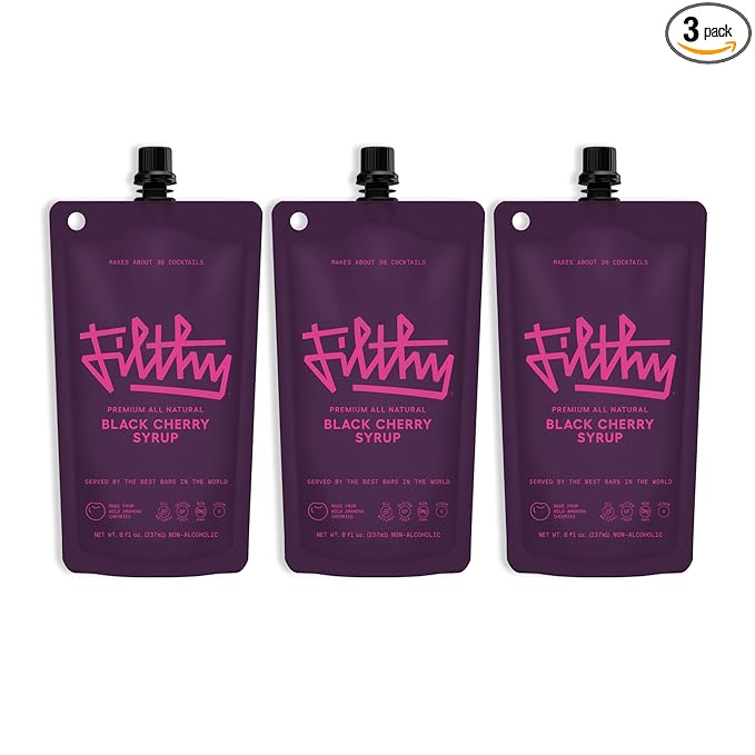 Filthy Black Cherry Syrup, Cocktail Mixer, Black Cherry Syrup, Non-GMO, Gluten Free, Vegan, Made from All Natural Wild Italian Amarena Cherries, 8 Oz Pouch, 3 Pack