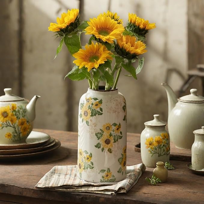 Vintage Ceramic Vase, 10.6 Inch Chinoiserie Sunflower Yellow Floral Vases, Retro Ice Cracked Rustic Antique Flower Vases for Modern Room Bathroom Shelf Home Decor (Large Cylinder)