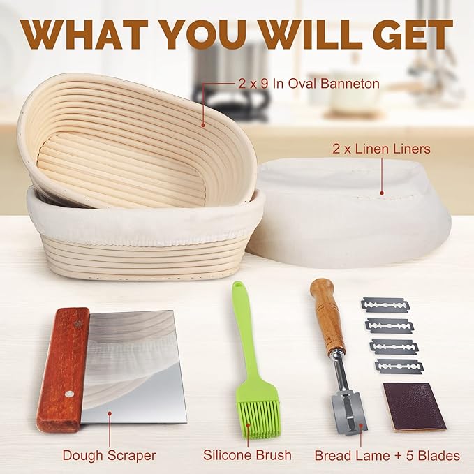 Rorecay Banneton Bread Proofing Baskets Set of 2, 10 Inch Oval Cane Sourdough Bread Rising Basket Bowls with Sourdough Bread Lame Dough Scraper Basting Brush for Sour Dough Proofing Fermentation