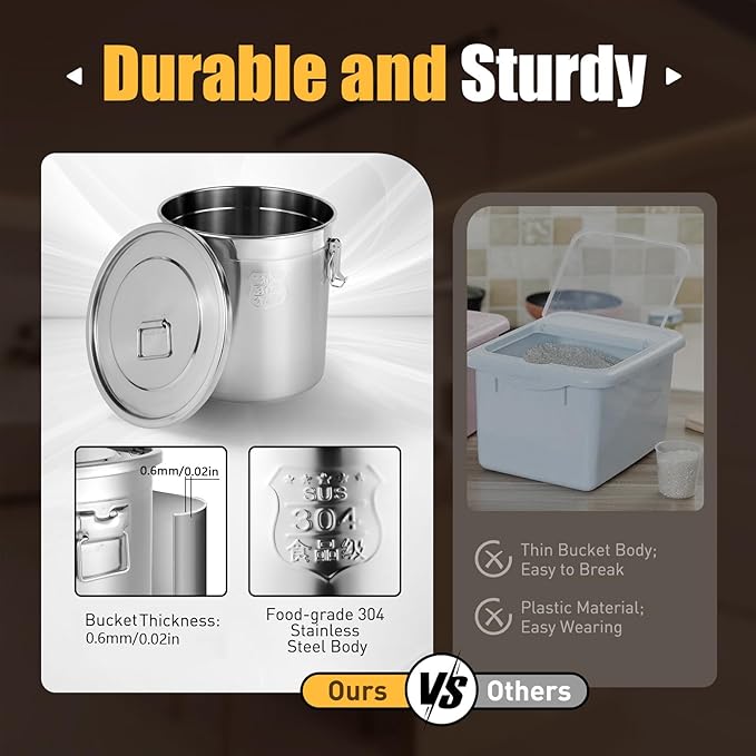 PERFERATE 304 Stainless Steel Airtight Canister 6L/12L Food Storage Bucket with Lids and Sturdy Locking Clamp Metal Cereal Rice Storage Container for Flour, Coffee Bean, Sugar, Cookie (33L)