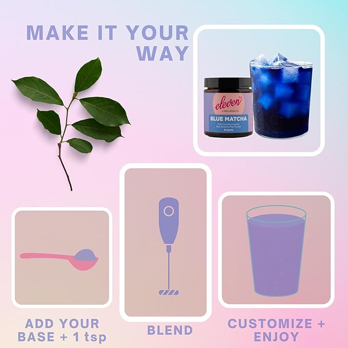 Eleven TLC, Blue Matcha Powder, Butterfly Pea Flower Powder, Matcha Blue Tea, Blue Matcha Latte, Caffeine Free Matcha, Glass Jar, 18 Servings