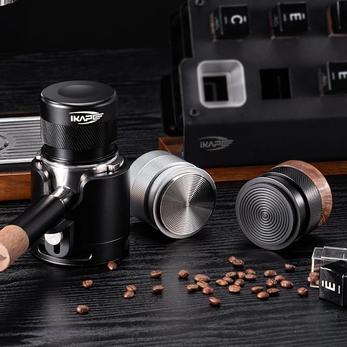 IKAPE 58MM Espresso Tamper, New Wooden Handle Design，Premium Barista Coffee Calibrated Tamper with Spring Loaded, 100% Stainless Steel Tamper Compatible with All 58MM Bottomless Portafilter