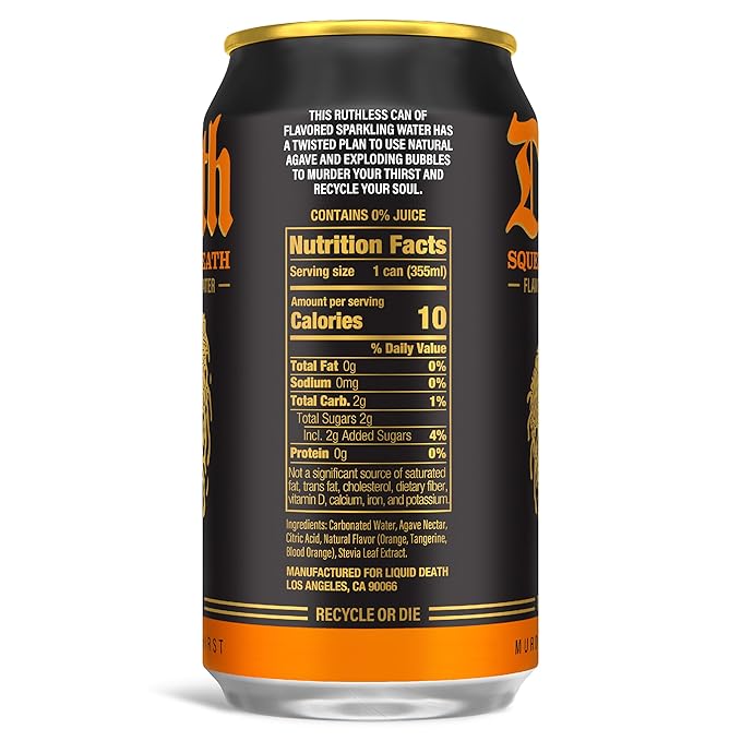Liquid Death, Squeezed to Death, Orange-Flavored Sparkling Water, 12-Pack (12oz Cans), Low Sugar, Huge Flavor & No Artificial Sweeteners