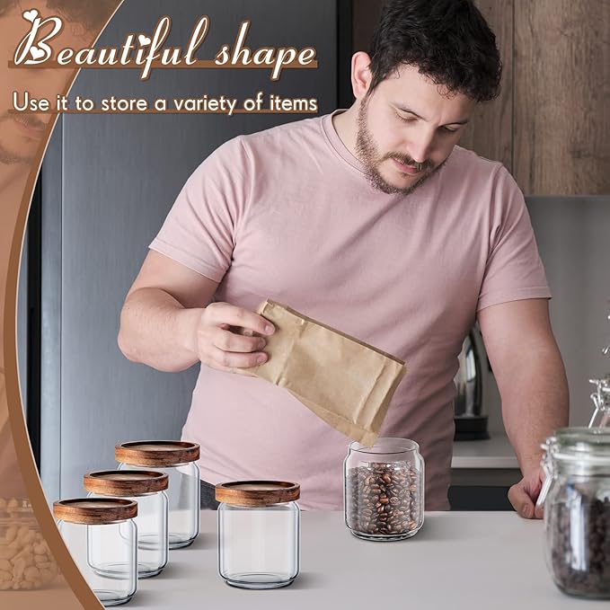 Irenare 16 Pcs 17 oz/ 500 ml Glass Canister Food Airtight Sealed Clear Borosilicate Glass Storage Jars with Lids Kitchen Spice Containers for Serving Coffee Sugar Tea Beans Candy Nuts Pantry (Wood)
