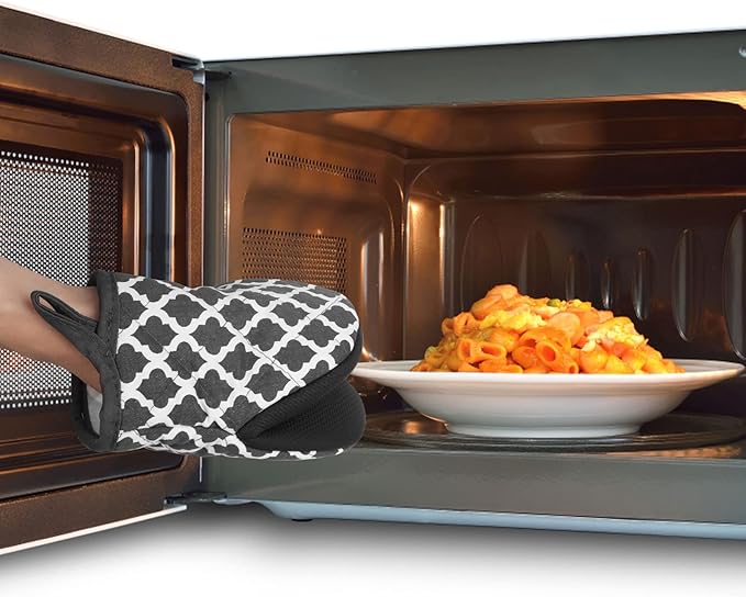 1 Pair Short Oven Mitts, Heat Resistant Silicone Kitchen Mini Oven Mitts for 500 Degrees, Non-Slip Grip Surfaces and Hanging Loop Gloves, Baking Grilling Barbecue Microwave Machine Washable