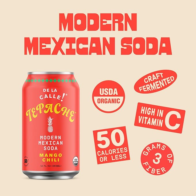 De La Calle Tepache - Mango Chili - Modern Mexican Soda - Craft Fermented Pineapple Sparkling Beverage - Certified Organic, Antioxidant Rich, Non-Alcoholic, Healthy Soda, Low Sugar, Low Calorie, Non-GMO