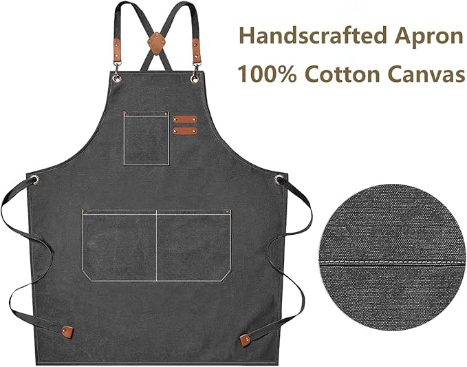 AFUN Chef Aprons for Men Women with Large Pockets, Cotton Canvas Cross Back Heavy Duty Adjustable Work Apron, Size M to XXL(Grey)