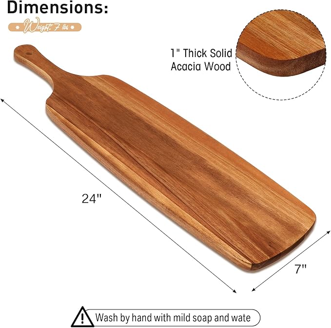 Kathfly 3 Pcs Acacia Wood Cutting Board with Handle Wooden Laser Kitchen Serving Charcuterie Board for Vegetables Meat Pizza Cheese Fruit Bread(24 x 7 Inch)